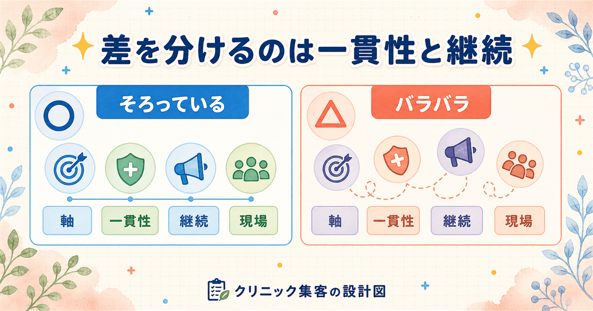 認知を高めた医院の共通点と、成果が出る医院・出ない医院の差を対比した考察図