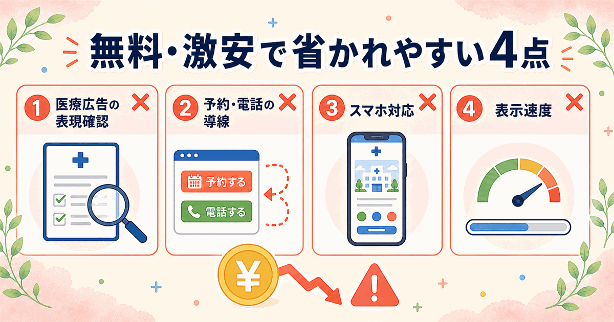 無料・激安のホームページ制作で省かれやすい4点(医療広告の表現確認・予約導線・スマホ対応・表示速度)
