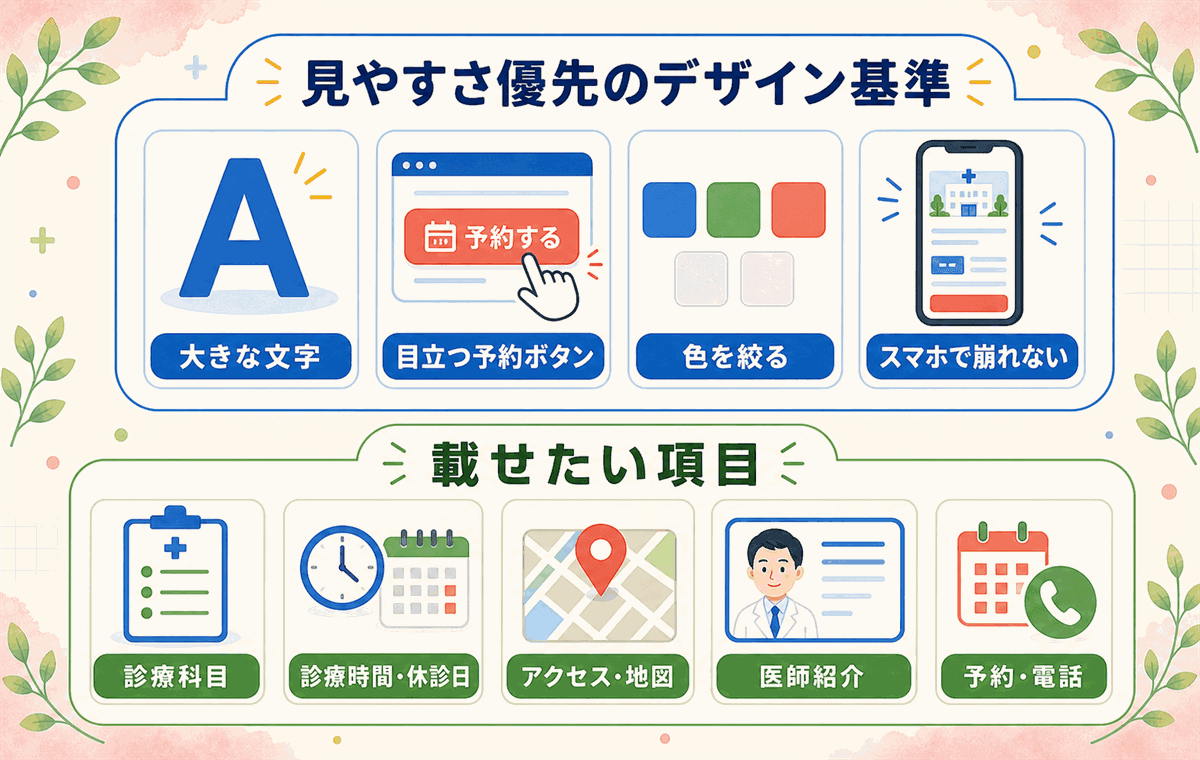 見やすいクリニックのホームページのデザイン基準(文字サイズ・予約ボタン・配色・スマホ対応)