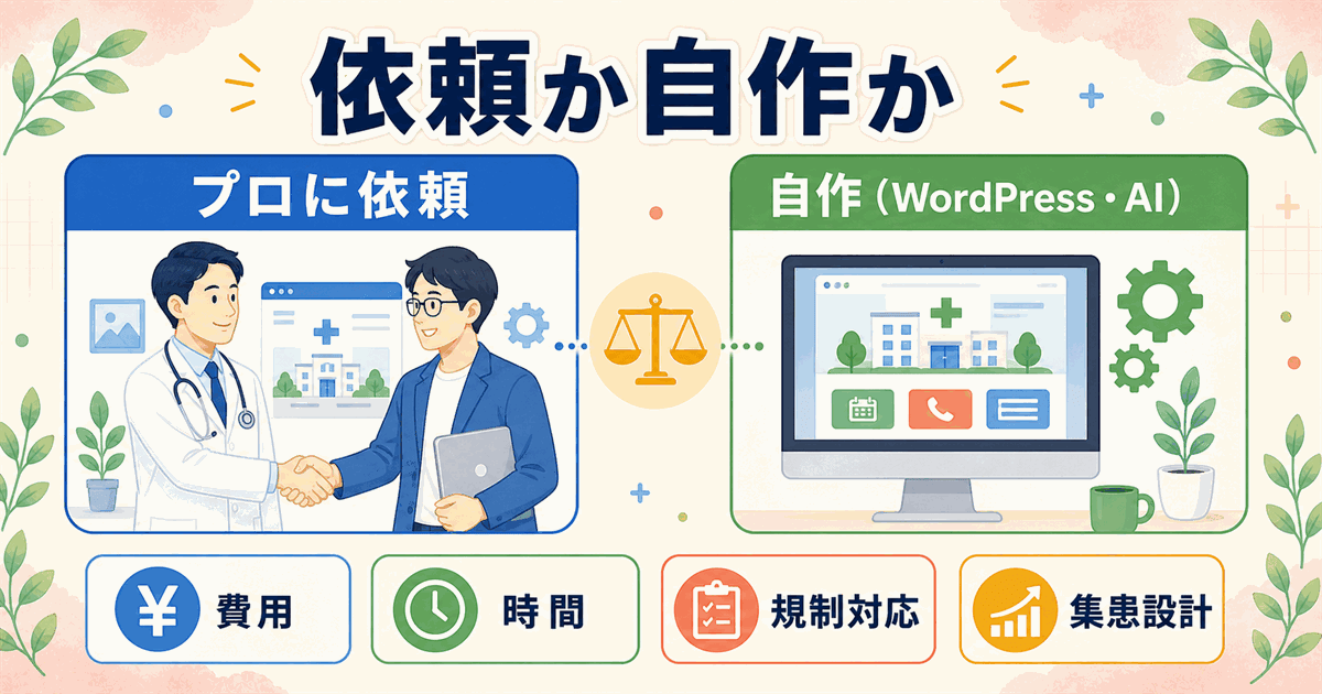 クリニックのホームページの作り方を、プロ依頼と自作で比較した判断マップ