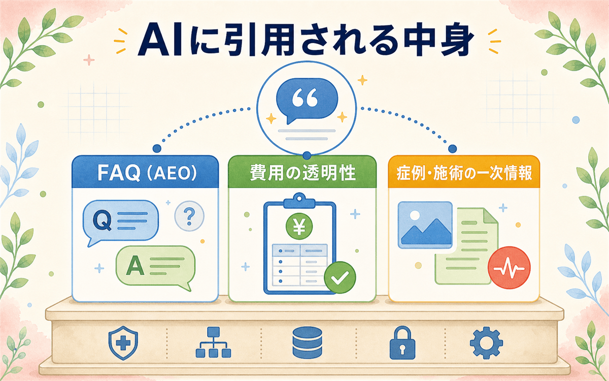 FAQ・費用の透明性・症例や施術情報という、AIに引用されやすい一次情報コンテンツの構成を示した図