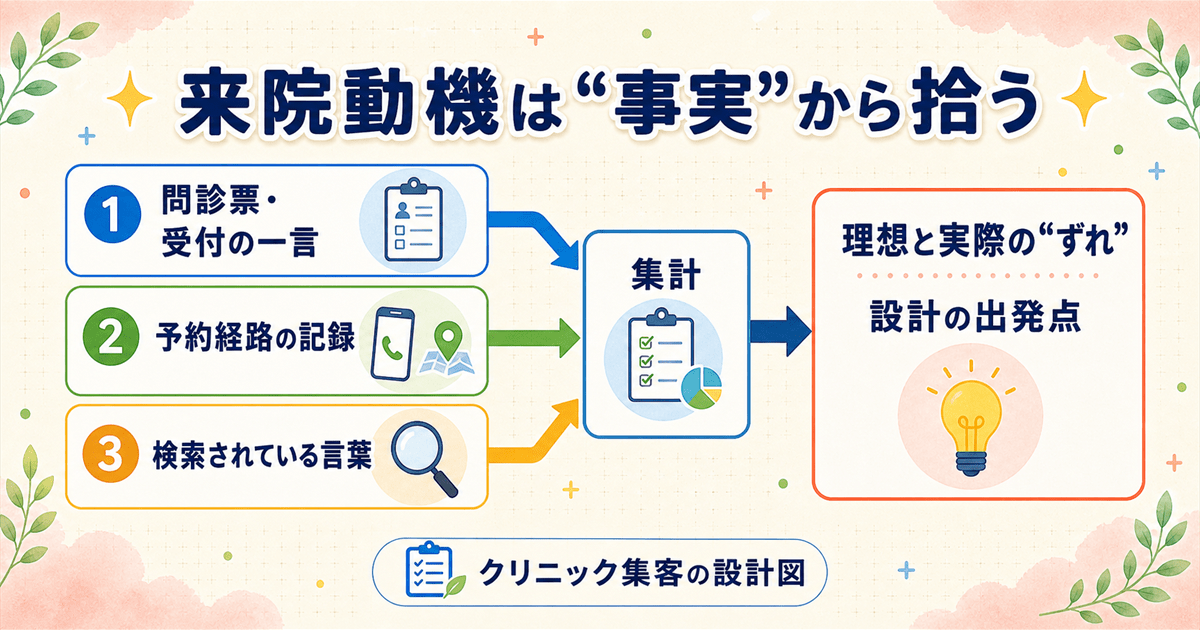 来院動機を問診票の一言・予約経路の記録・検索キーワードから拾い集計し理想と実際のずれを設計の出発点にする図
