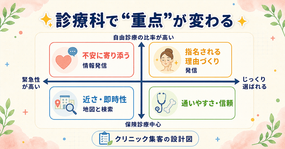 保険診療と自由診療・緊急性とじっくり選ばれるの2軸で診療科ごとにマーケティングの重点が変わることを示したマトリクス図