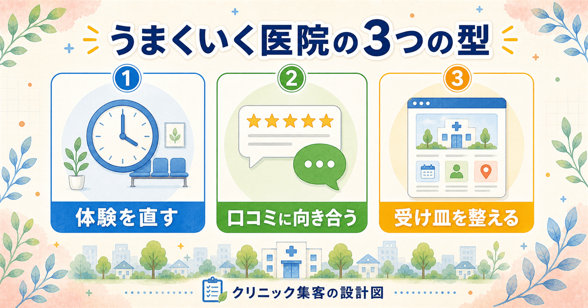 患者理解・口コミ改善・Web刷新など成功パターンに共通する構造を抽出した事例の考察図