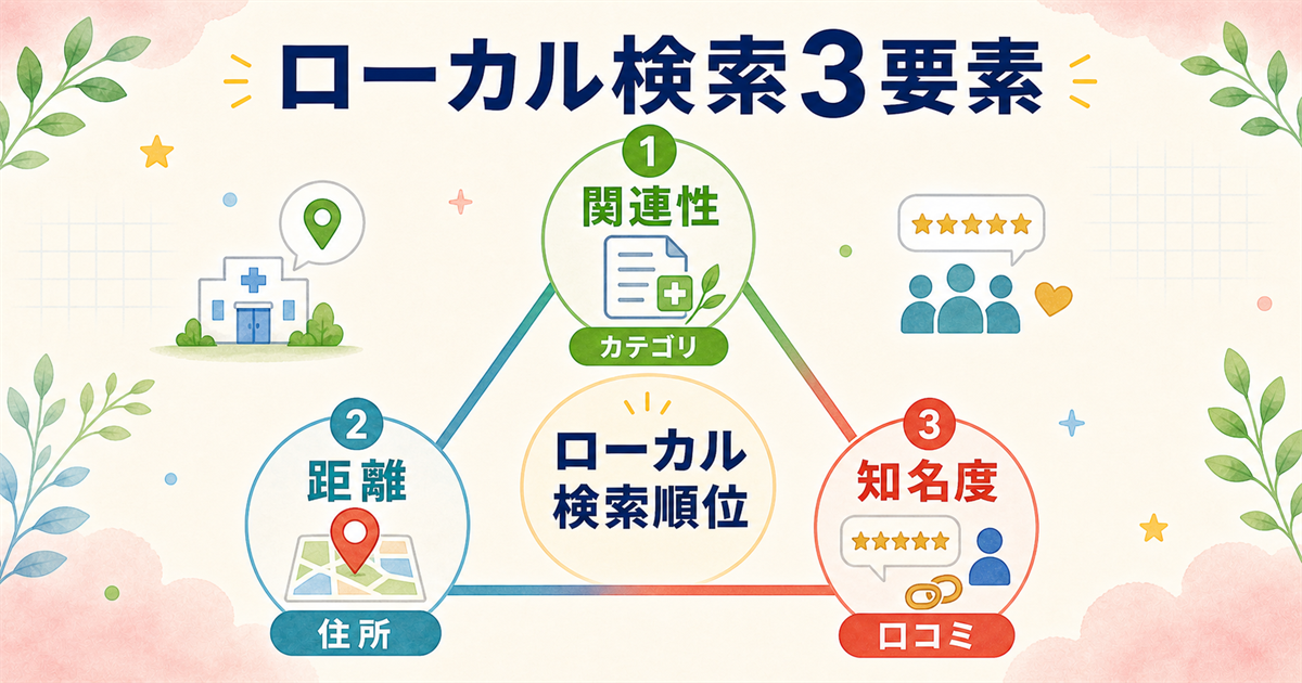 ローカル検索を決める3要素:関連性・距離・知名度の三角構造と医療業界での解釈マップ