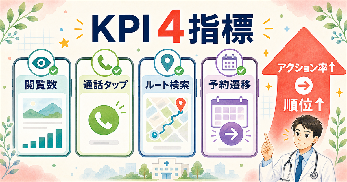 クリニックMEOのKPI 4指標:閲覧数・通話タップ・ルート検索・予約遷移とアクション率の関係図