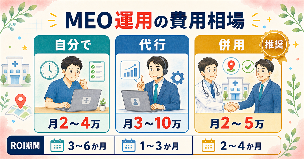 クリニックMEO運用の費用相場:自分で・代行・併用の3択と初期費用・月額・ROI期間の比較表