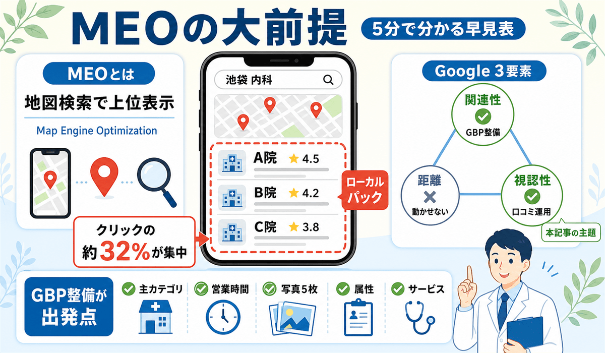 MEOの大前提：ローカルパック・Google3要素（関連性・距離・視認性）・GBP整備の早見表
