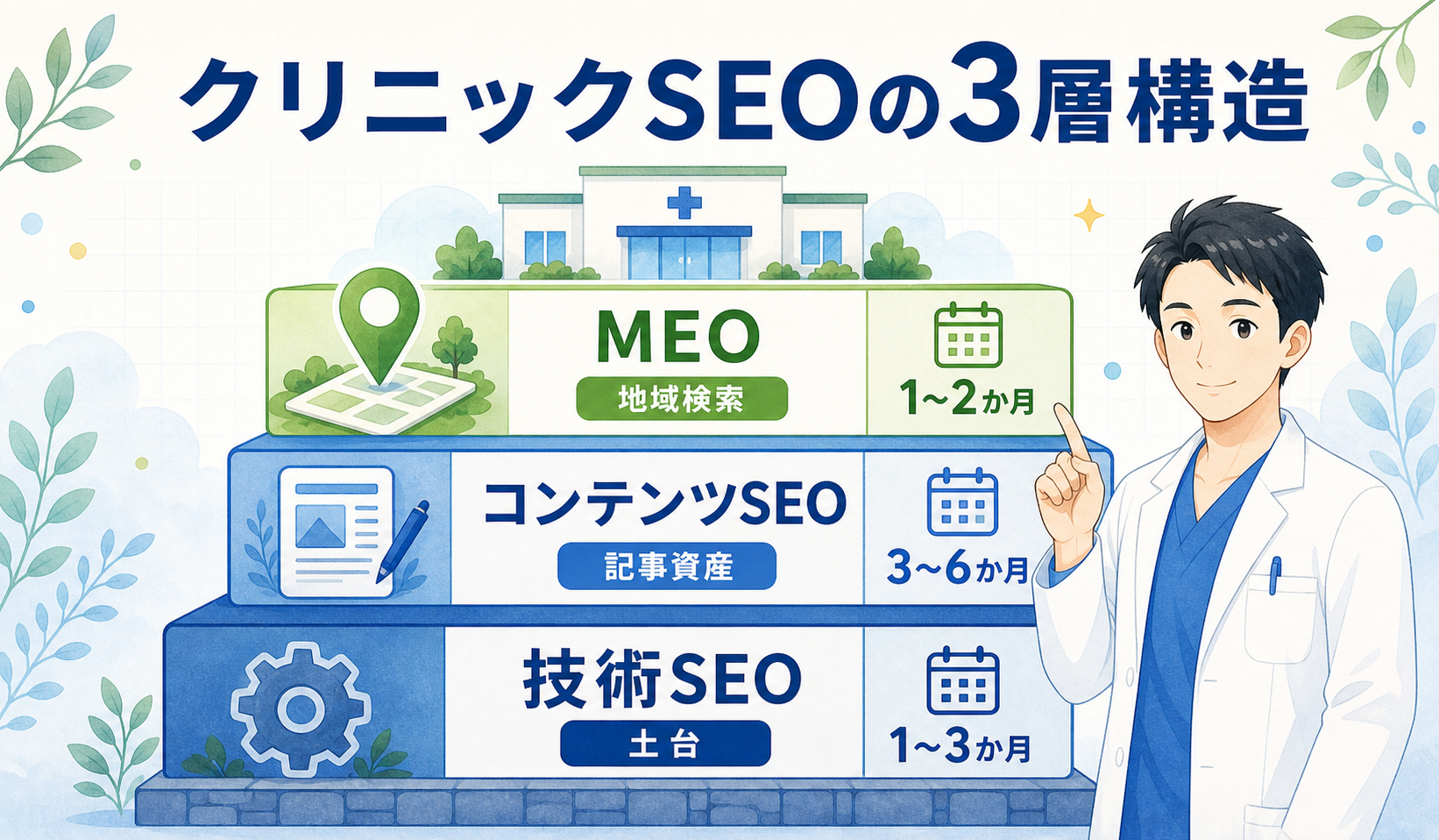 クリニックSEO対策の3層構造（技術・コンテンツ・MEO）と優先順位の図解