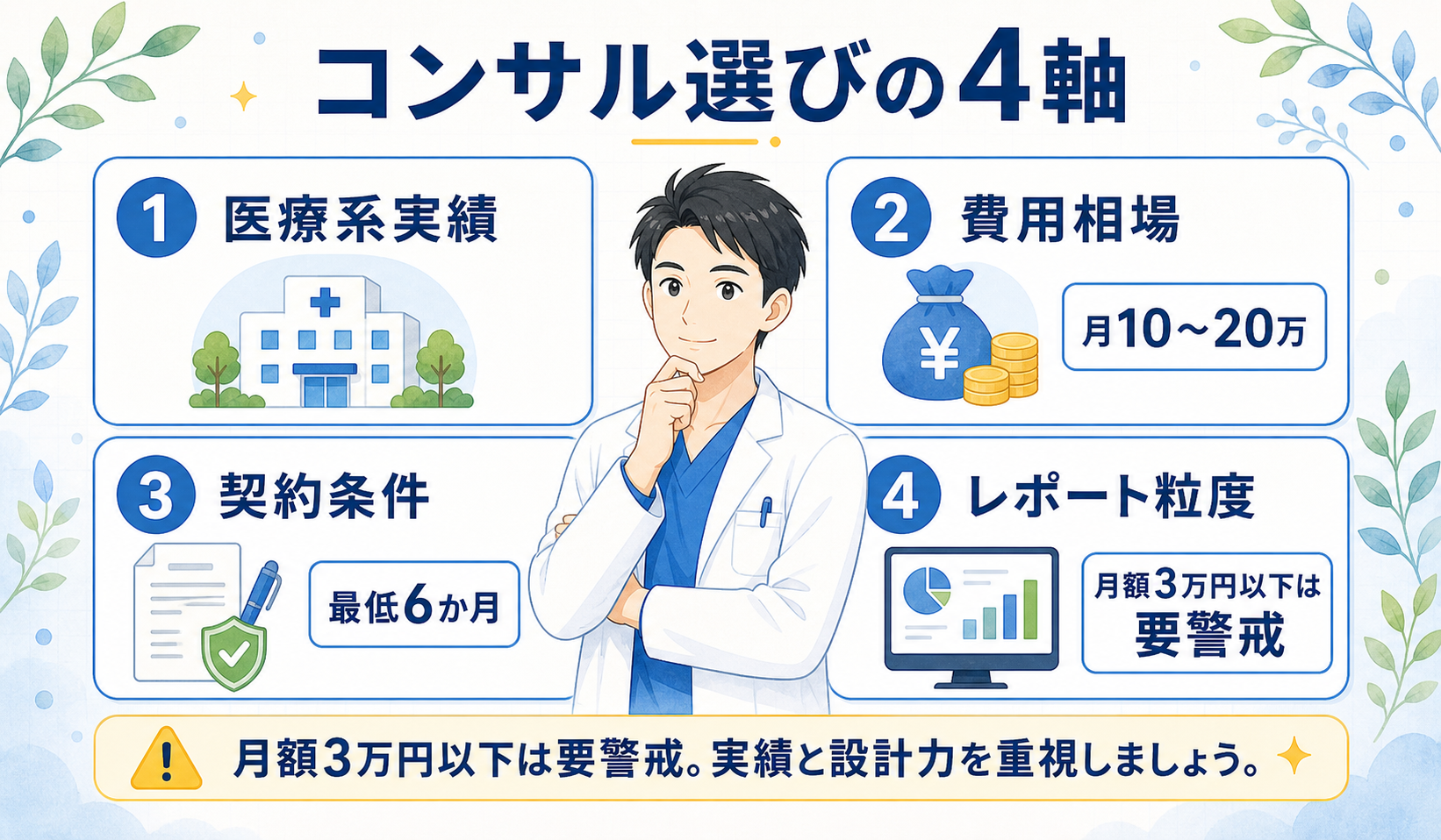 SEOコンサル選び4軸（医療系実績・費用相場・契約条件・レポート粒度）の判断マトリクス