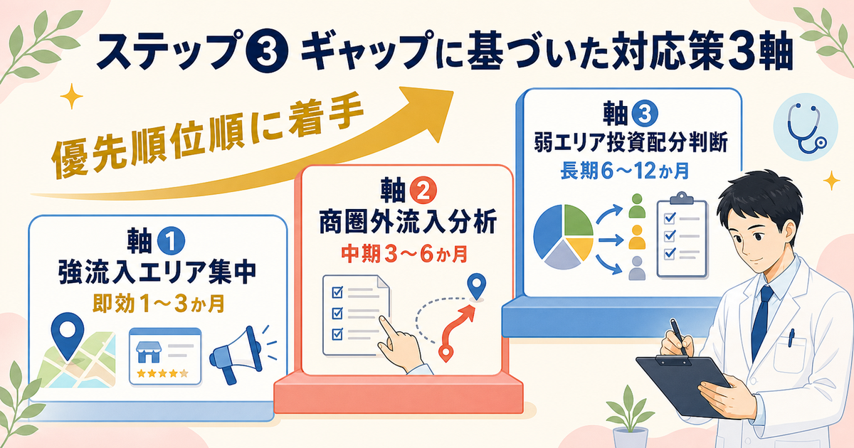 開業後の診療圏ワーク:ステップ③ ギャップに基づいた対応策3軸の優先順位