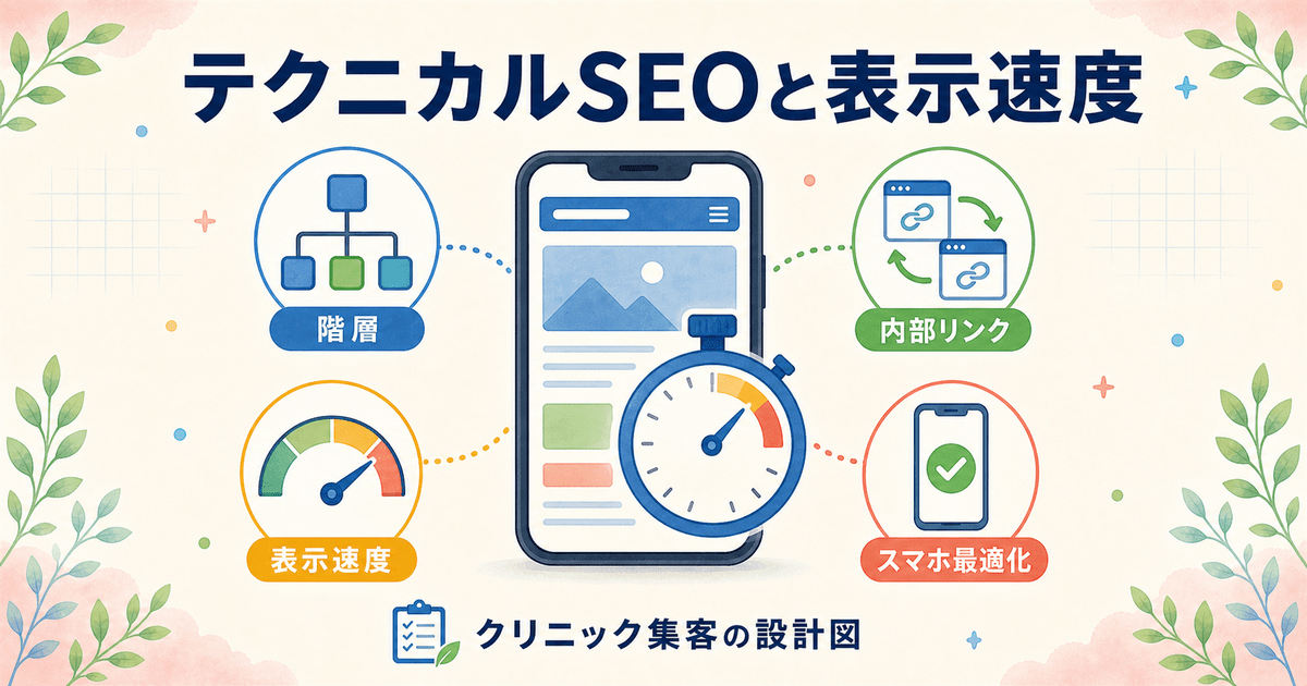 歯科医院サイトのページ設計・内部リンク・表示速度・スマホ対応を整理したテクニカルSEOの図