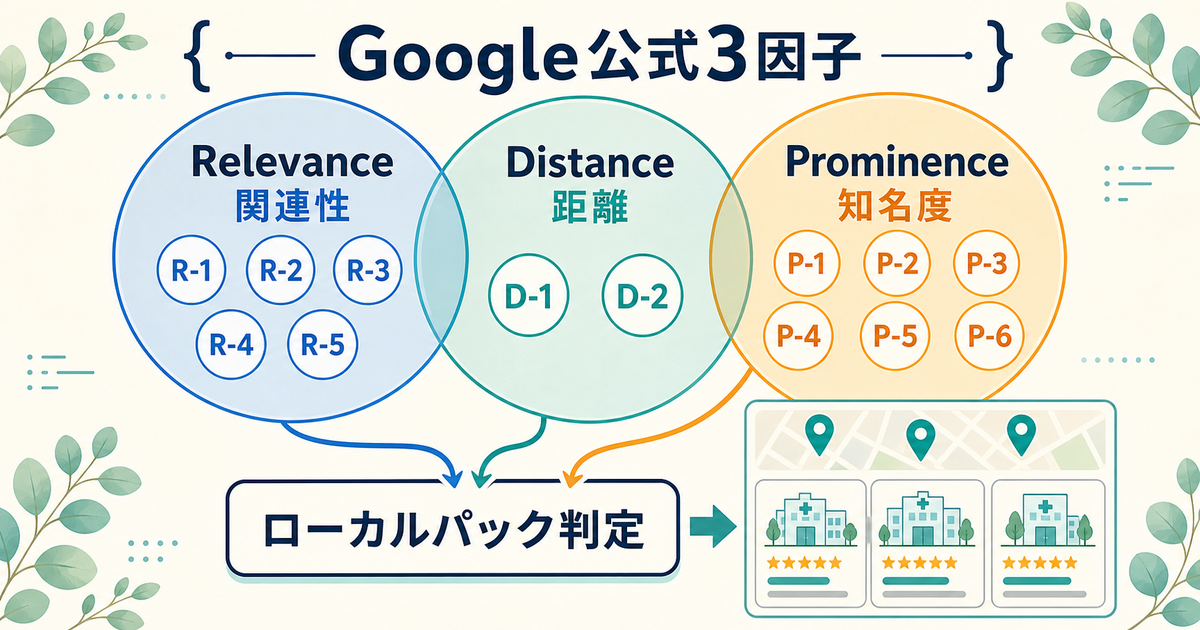 3因子の俯瞰図：関連性Relevance・距離Distance・知名度Prominenceとローカルパック判定への入力