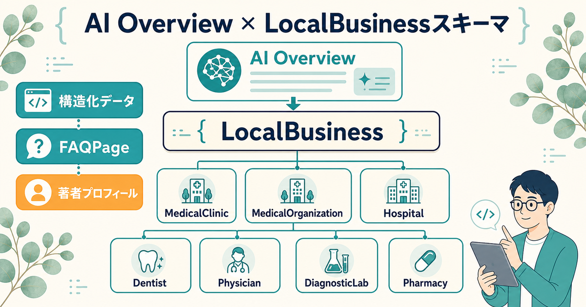 AI Overview時代のローカルSEO：LocalBusinessスキーマと医療系子型の使い分け、構造化データ実装例