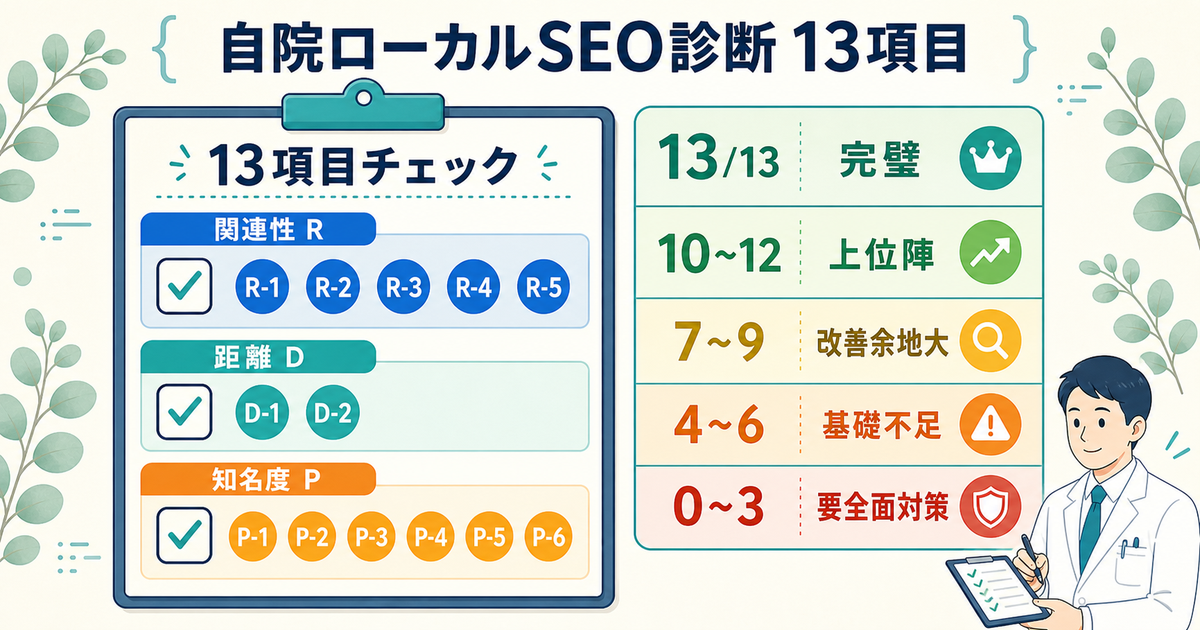 自院ローカルSEO診断ワーク：13項目チェックリストと達成数別の評価ランク