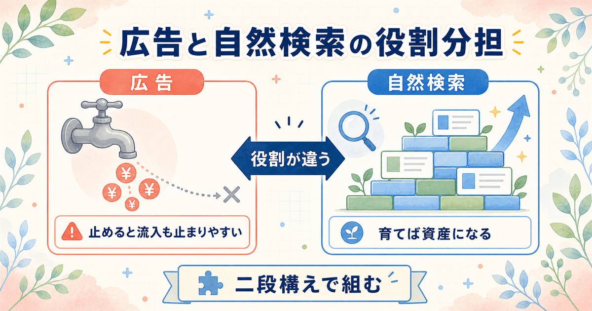 自由診療で広告（短期に効くが払い続ける費用）と自然検索（時間はかかるが積み上がる資産）の役割分担を対比した図
