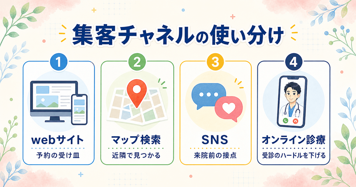 自由診療の集客チャネル（webサイト・マップ検索・SNS・オンライン診療）それぞれの役割を並べた図