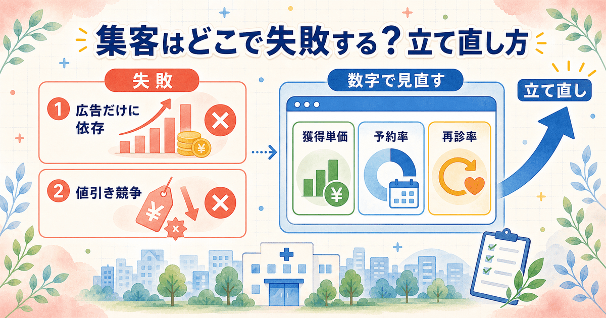 自由診療の集客でよくある失敗（広告依存・値引き競争）と、数字で見直して立て直す流れを示した図