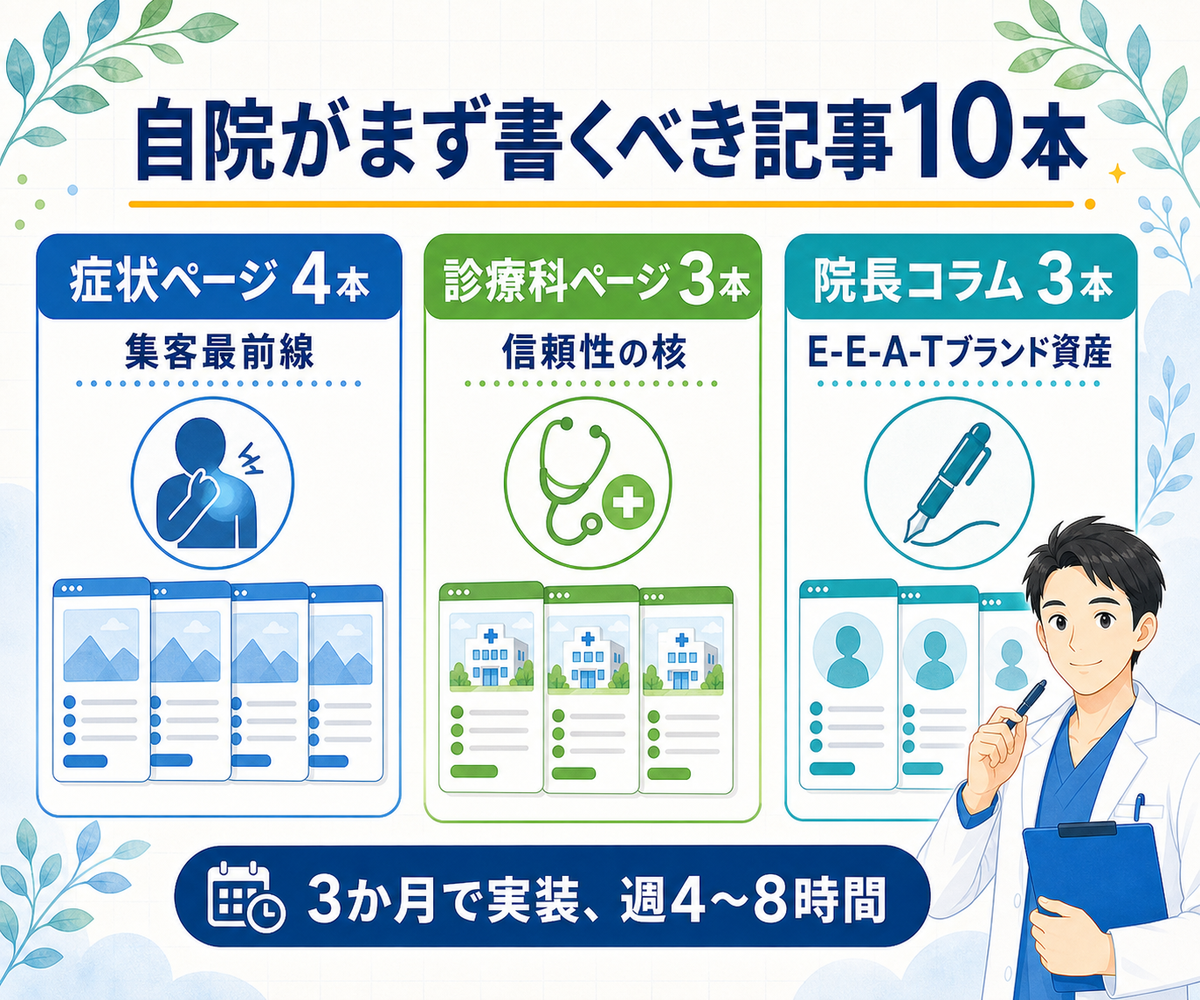 自院がまず書くべき記事10本テンプレ表（症状ページ4本・診療科ページ3本・院長コラム3本の組み合わせ）