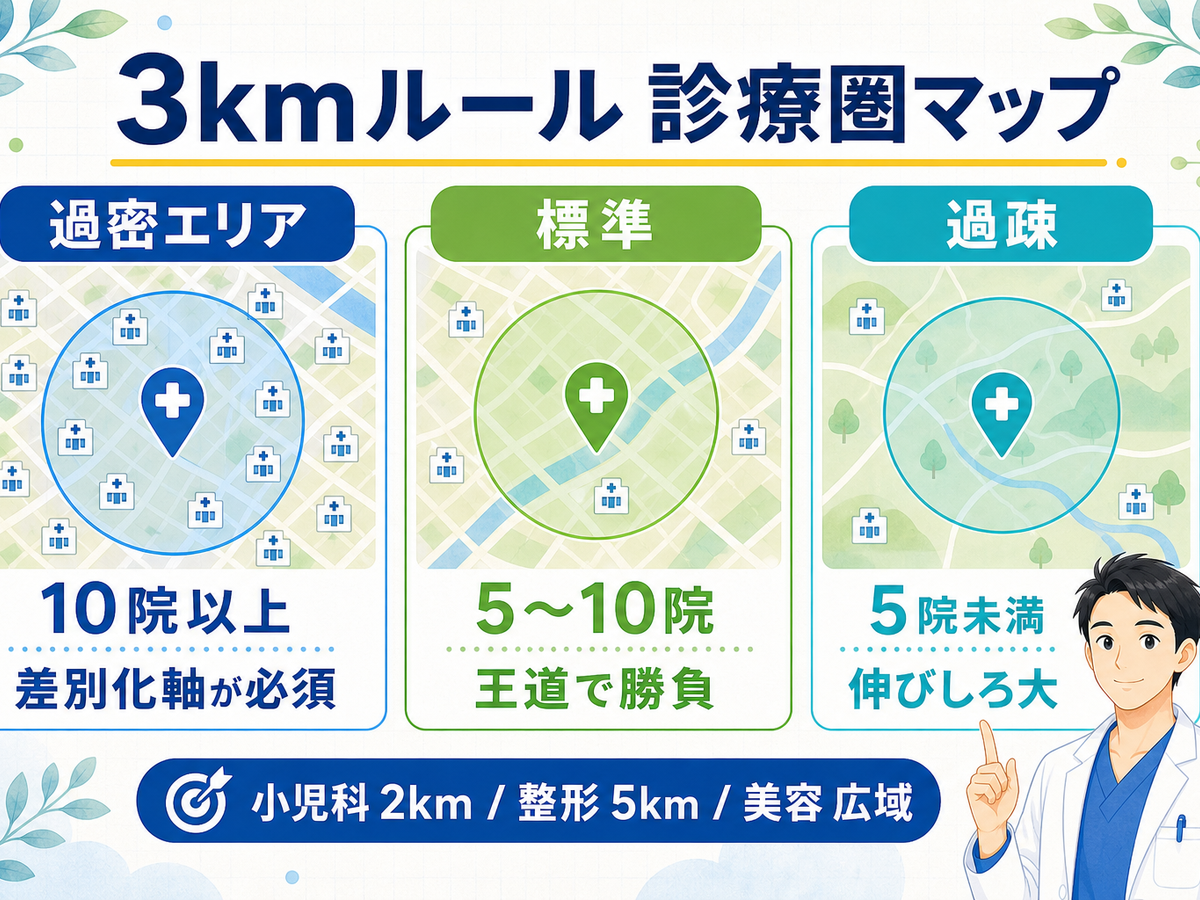 クリニックの3kmルール診療圏概念図（過密・標準・過疎の3パターン）