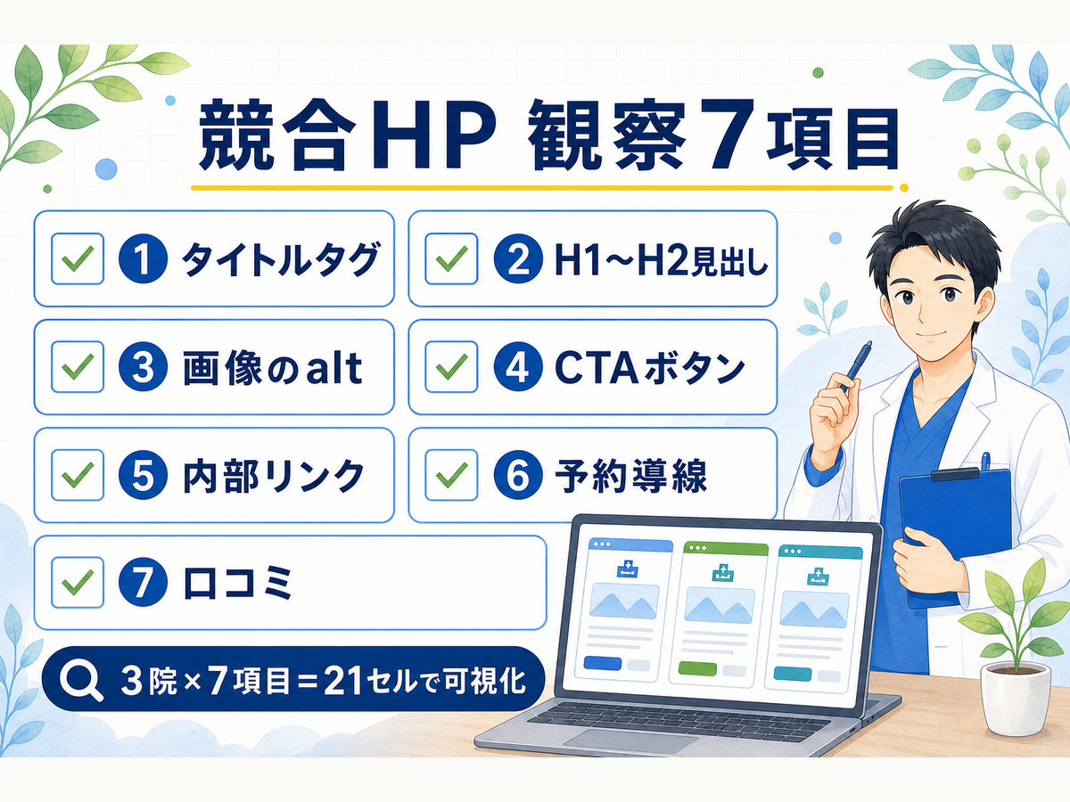 競合HPで観察すべき7項目チェックシート（タイトル・H2・画像alt・CTA・内部リンク・予約導線・口コミ）