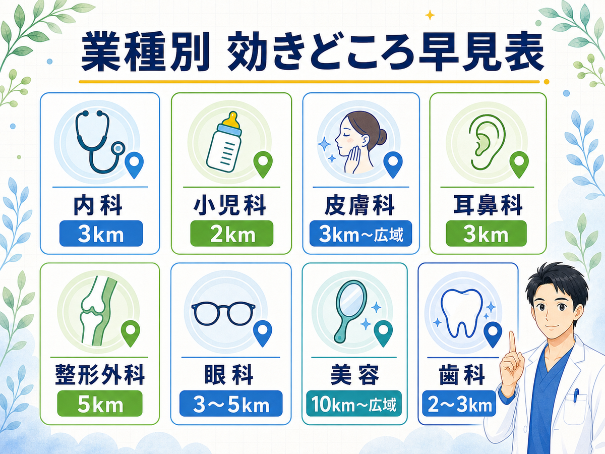 業種別×効きどころ早見表（内科・小児・皮膚・耳鼻・整形・眼・美容・歯科の8診療科）