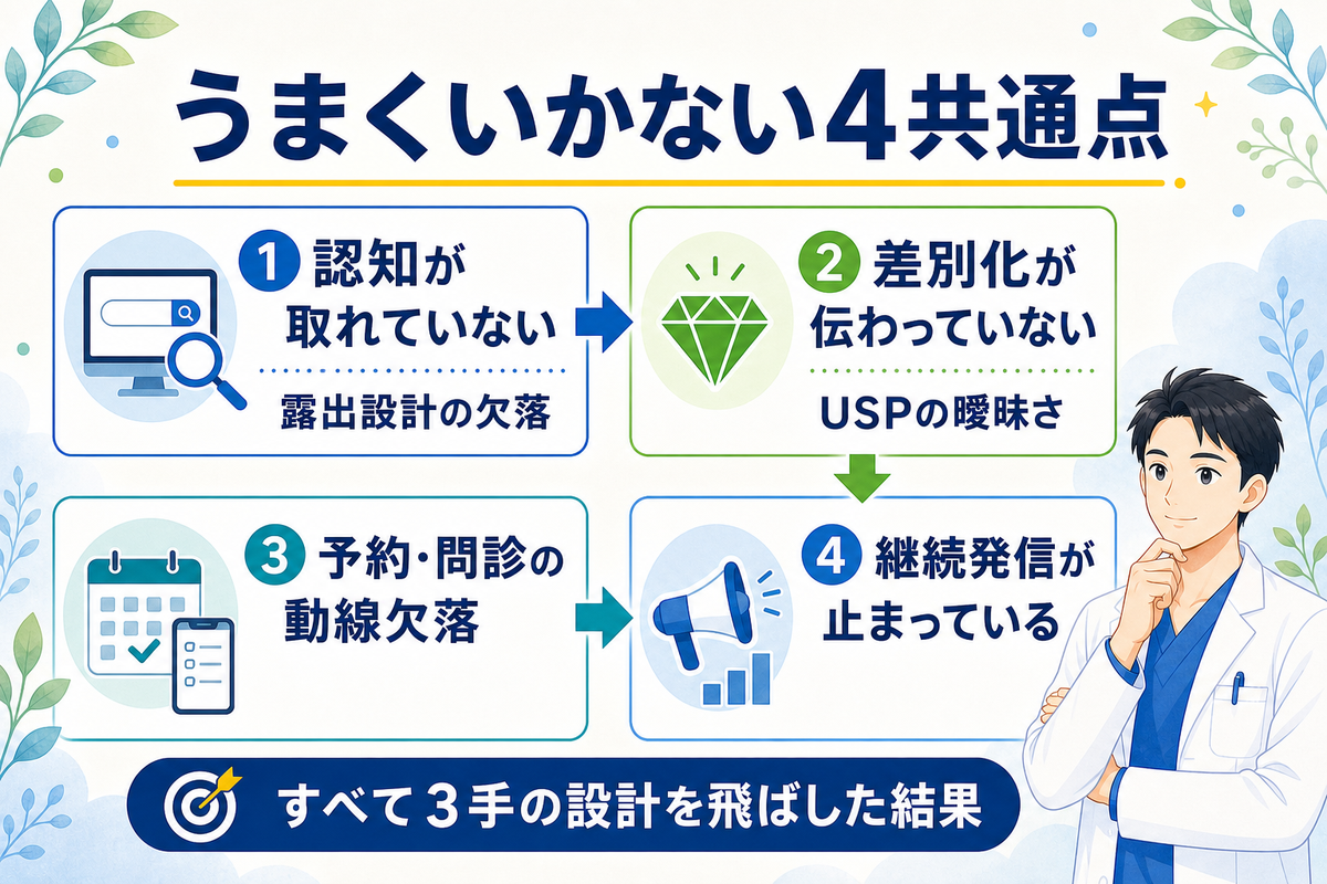 集客がうまくいかない4共通点の診断フロー図（認知・差別化・動線・継続発信の4視点）