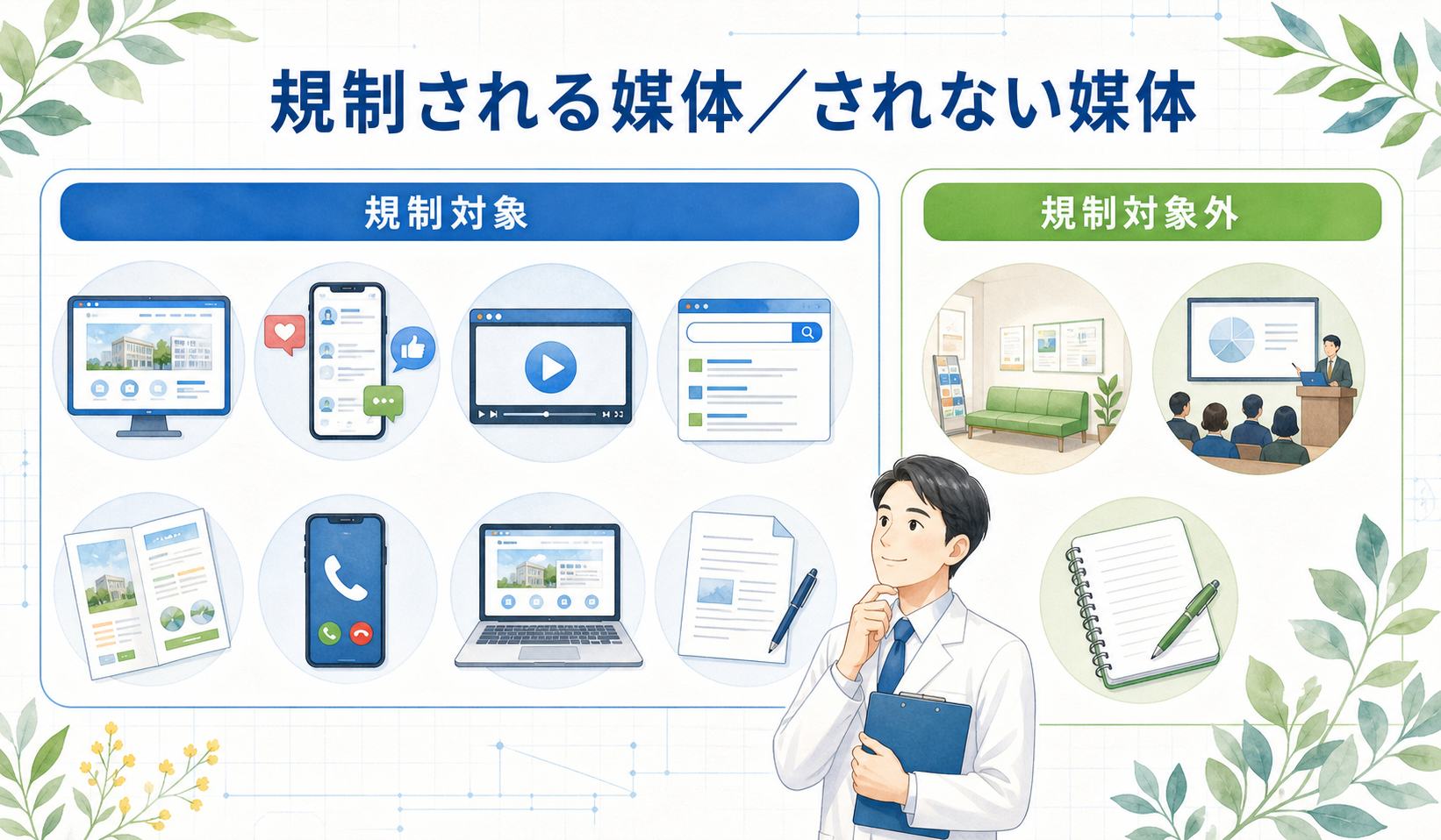 医療広告ガイドラインで規制される媒体と規制されない媒体の一覧マップ