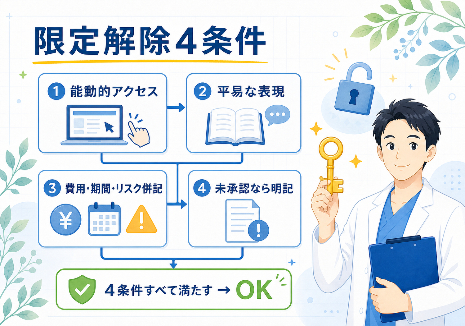 医療広告ガイドラインの限定解除4条件をクリニックHPで満たすためのフローチャート