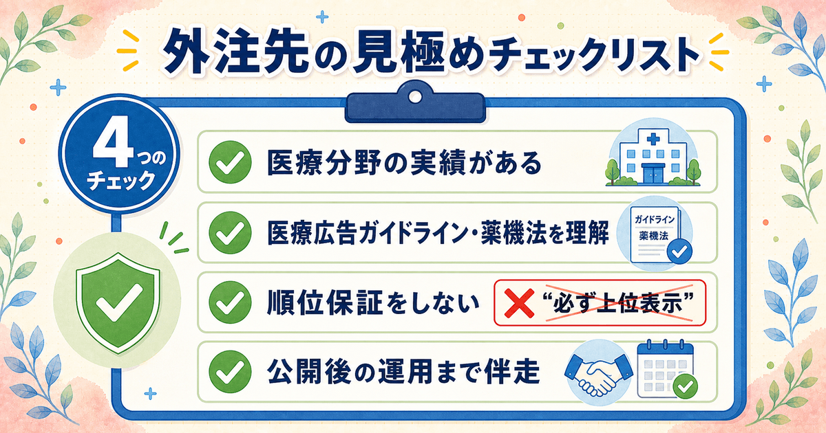 医療SEOの外注先を選ぶチェックリスト（医療分野の実績・医療広告ガイドラインの理解・順位保証をしない・公開後の運用まで伴走）を示した図