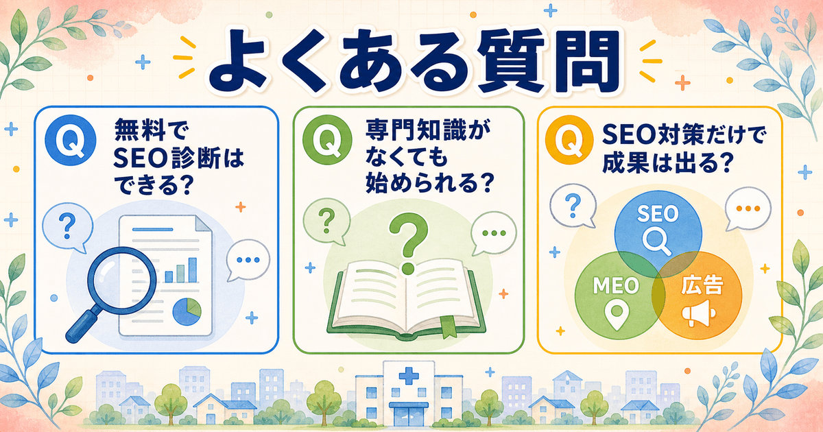 医療SEOのよくある質問3つ（無料診断・専門知識・SEOだけで成果が出るか）の要約