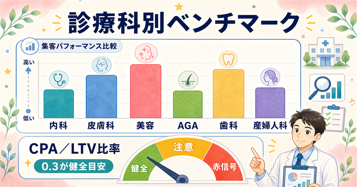 業界平均との比較：CPC・CPA・CPA／LTV比率の診療科別ベンチマーク