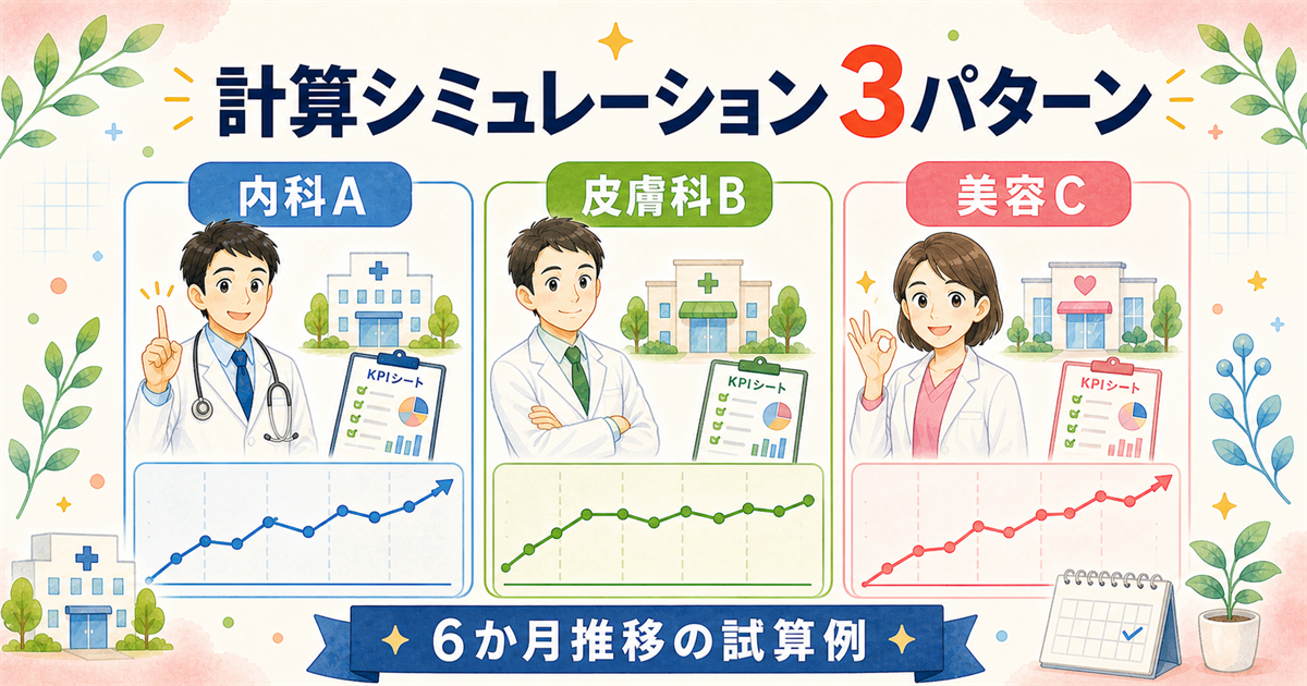 計算シミュレーション3パターン：内科A／皮膚科B／美容Cの試算例
