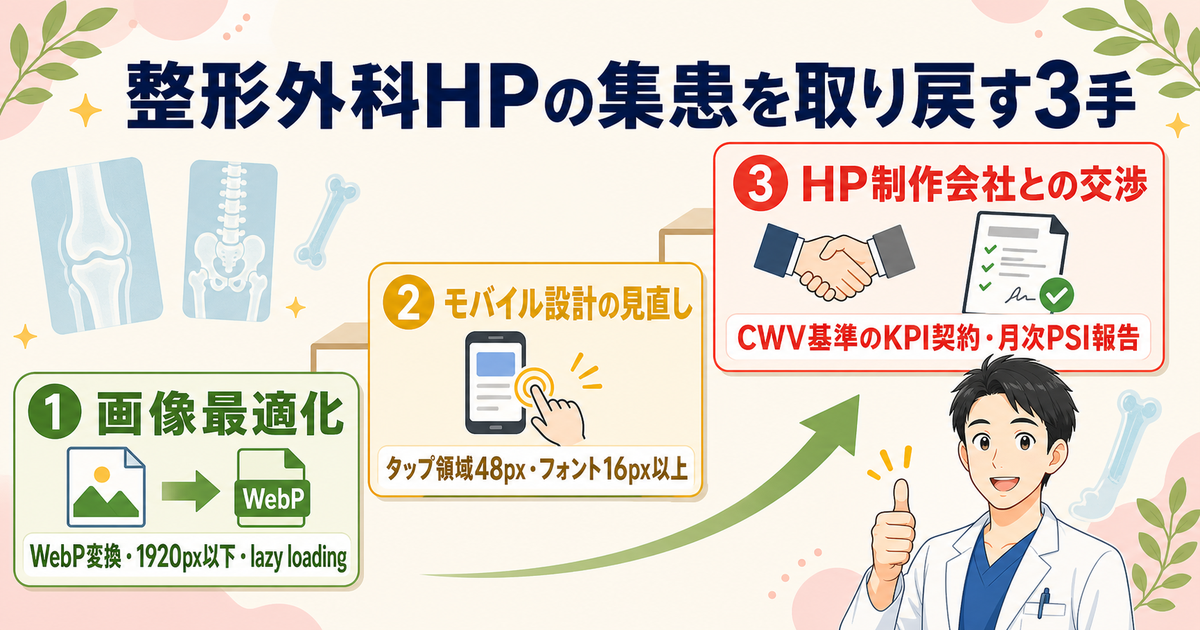 整形外科HPの集患改善:画像最適化・モバイル設計・HP制作会社交渉の3施策