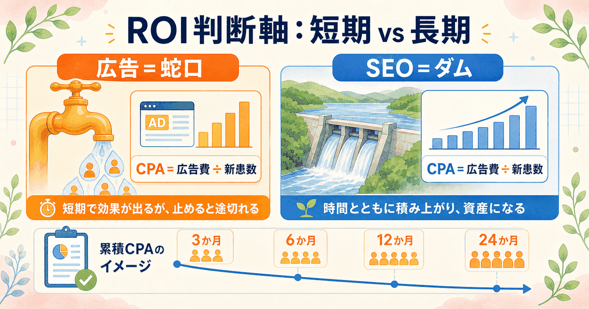 SEOと広告のROI比較：短期CPA・長期累積コスト・蛇口とダムの2つのモデルで損益を可視化した図