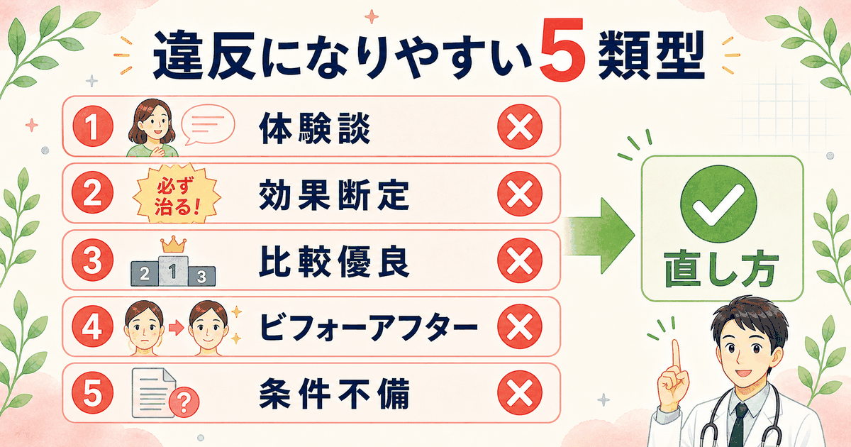 症状ページで違反になりやすい5類型と直し方の対応表：体験談・治療効果断定・比較優良・ビフォーアフター単独・限定解除条件不備