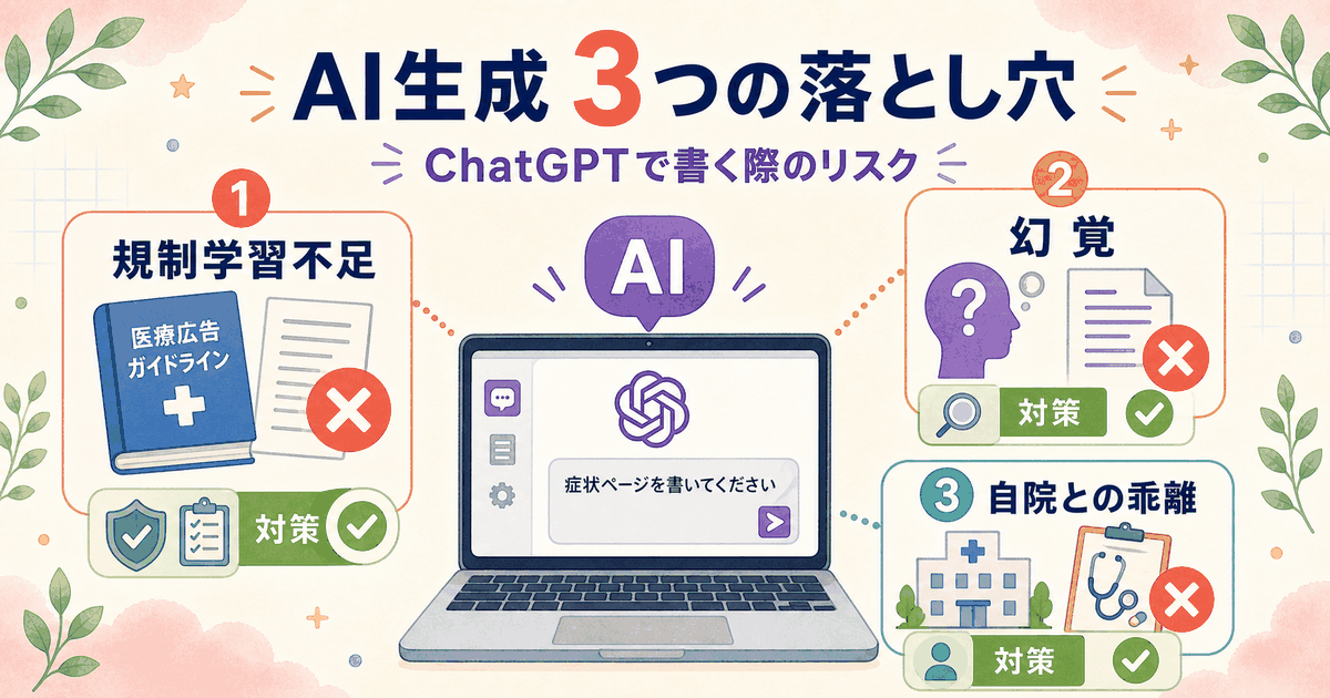 AI生成（ChatGPT）で症状ページを書く際の3つの落とし穴：規制学習不足・情報源不明・幻覚生成のリスク図