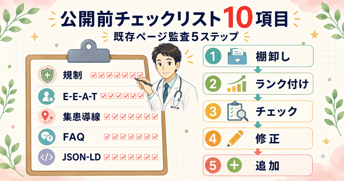 症状ページ公開前チェックリスト10項目と既存ページ監査の流れ：規制適合性・E-E-A-T・集患導線の3軸チェック