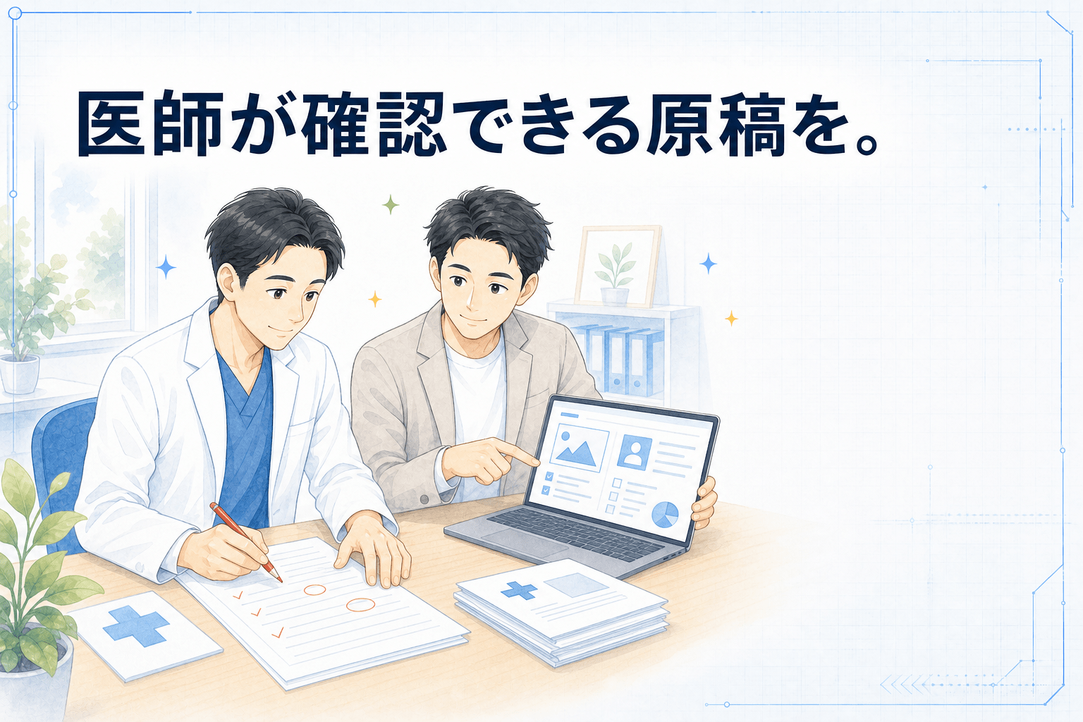 医師が確認できる原稿を。医師と一緒に原稿を仕上げる様子