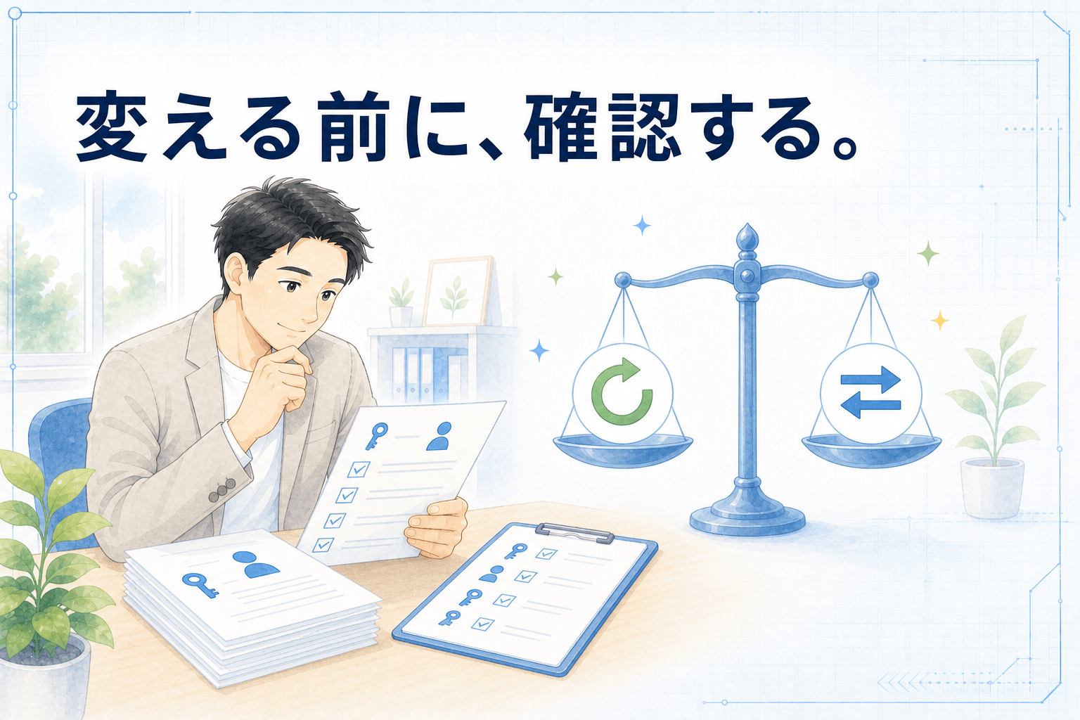 変える前に、確認する。契約と権限をチェックリストで確認する様子
